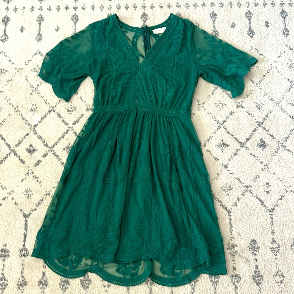 Alter’d State Boho Floral Lace Vneck Dark Green Dress, Medium